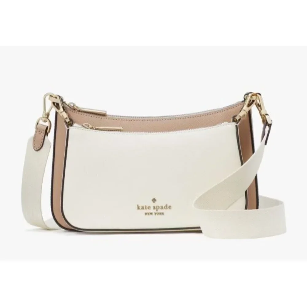 Kate Spade Womens Tan Ivory Saffiano Duet Leather Small Crossbody Handbags New
